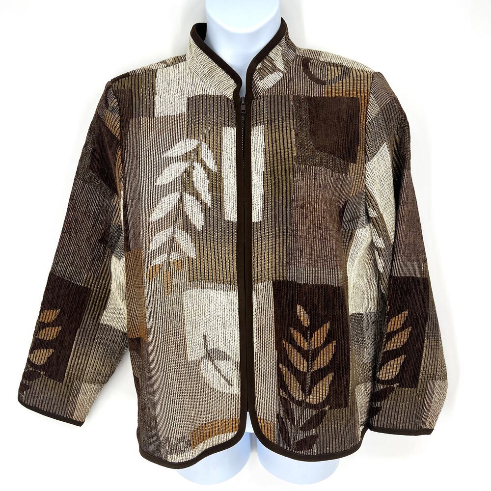 Coldwater Creek Earthtones Full Zip Cardigan Leaf Print Size XL